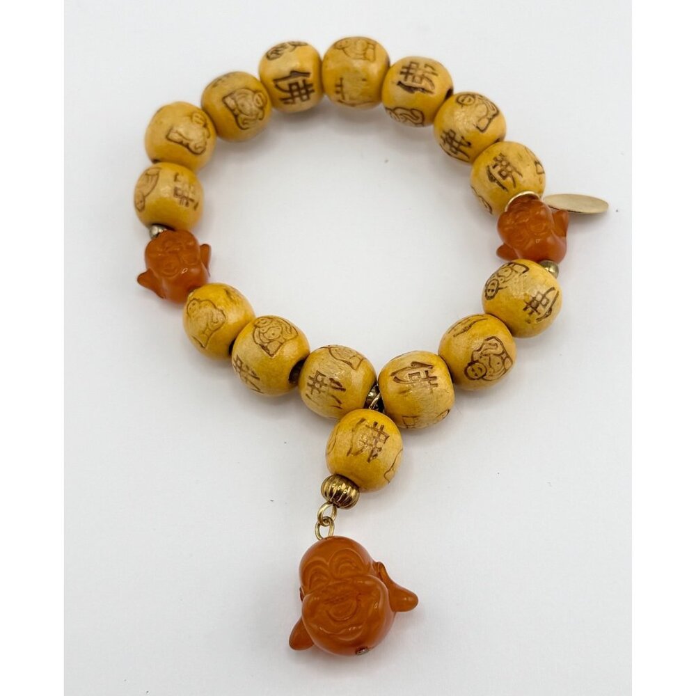 Vintage wood laughing Buddha charm stretch bracelet